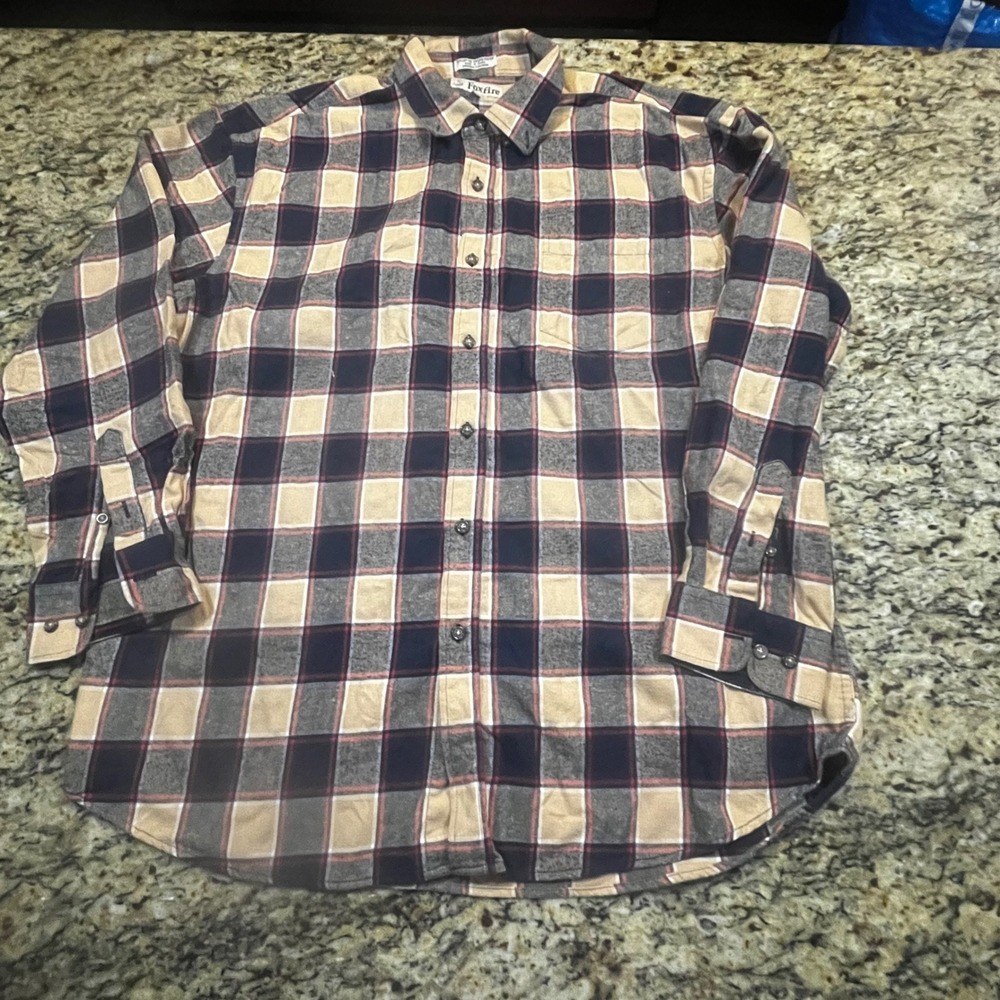Foxfire‎ Mens Plaid Flannel Button Down Shirt Tan Navy Blue Red XL Long Sleeve